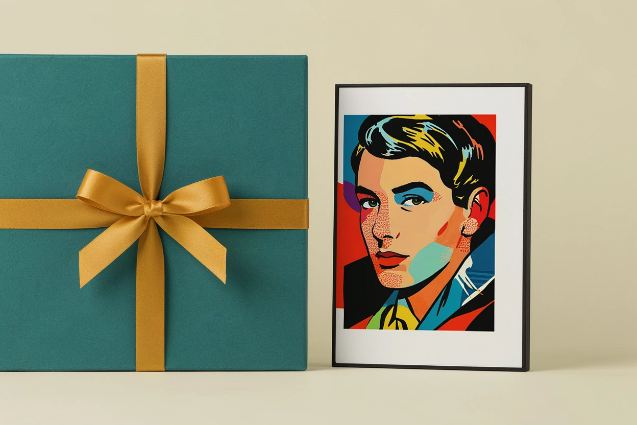 Cadeau emballé avec un ruban posé devant un tableau personnalisé encadré