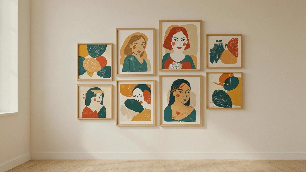 Mur de galerie présentant des tableaux personnalisés colorés fabriqués dans notre atelier
